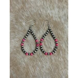 Native American Sterling Silver Navajo Pearl Hoop Earrings Pink Fire Opal Dangle